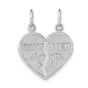 14k White Gold Daughter, Mom Heart Set of 2 Charm or Pendants, 18mm